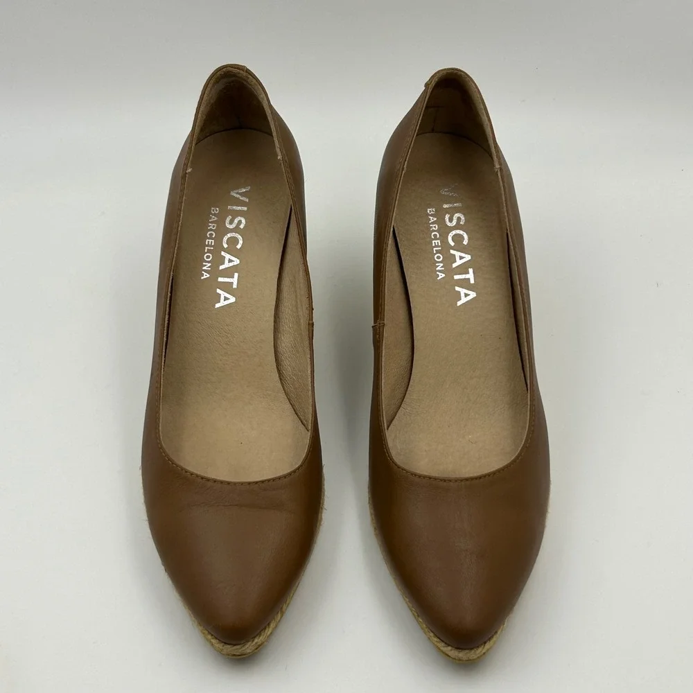 Viscata Roses Espadrille Wedge Pumps Womens 39 Brown Leather Pointed Toe Spain